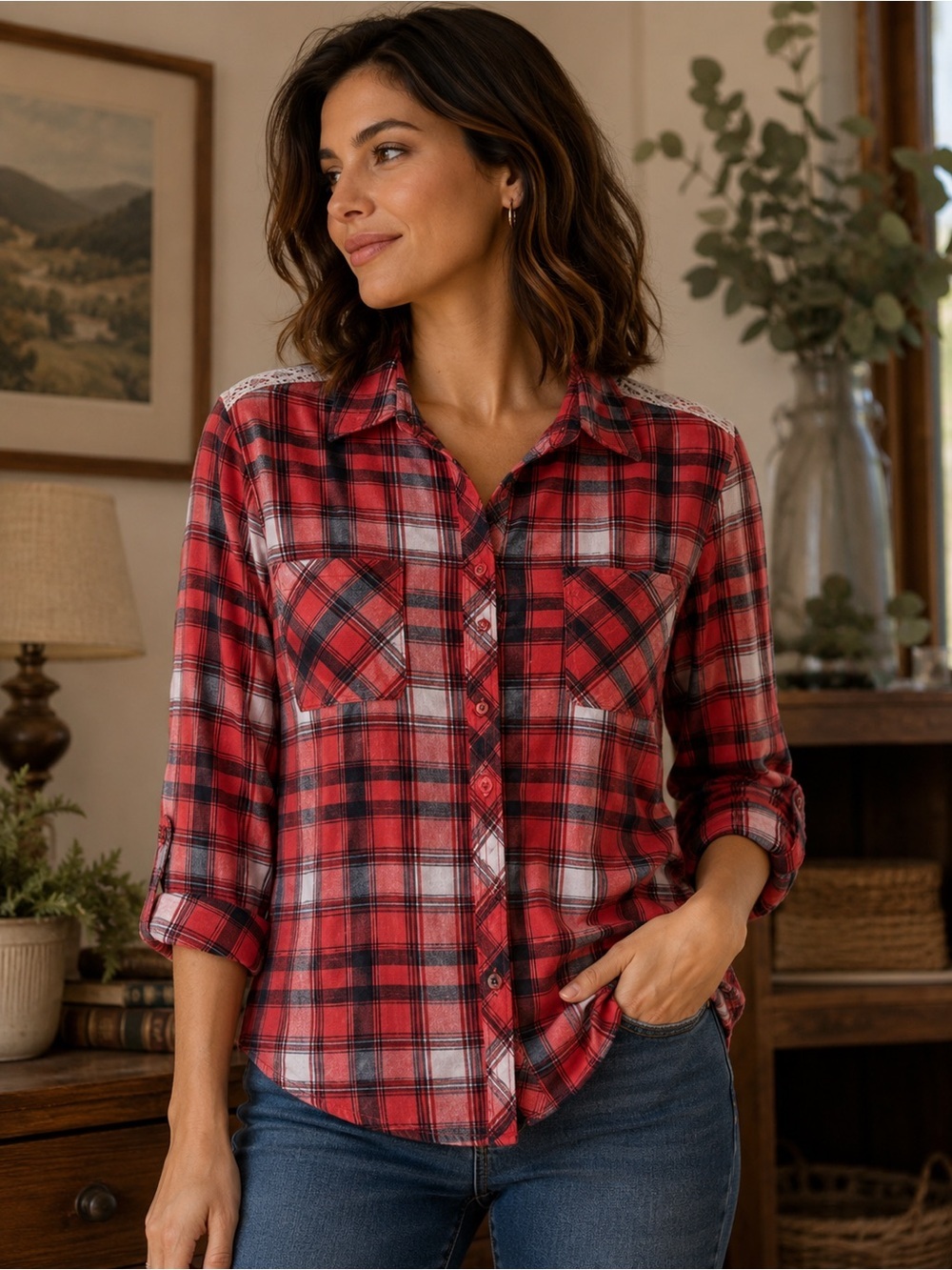 No Boundaries Red and Black Plaid Flannel Blouse Lace 3/4 Sleeve patriotic